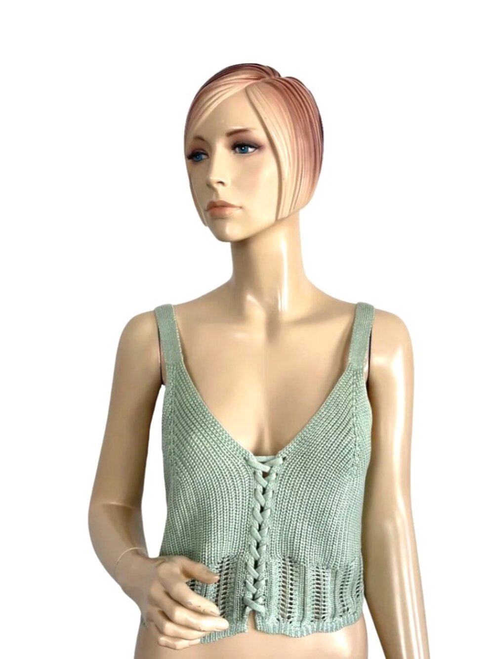 Jolie & Joy By FCT With Love Braided Lace-Up Sweater Crop Top in Sage Green - Picture 1 of 9